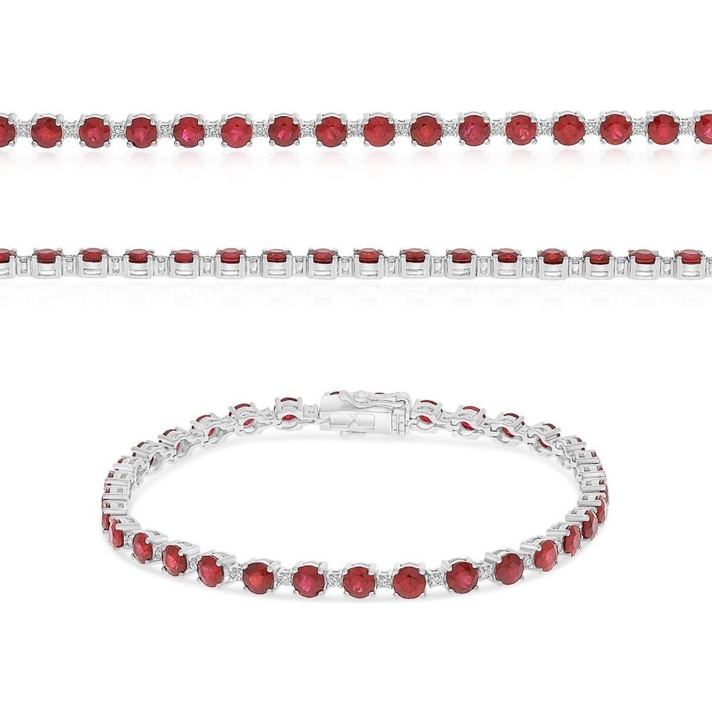 Roman & Jules - 14K White Gold Tennis Bracelet with Round Rubies and Prong Set Diamonds - 6.40 Carat Total Weight