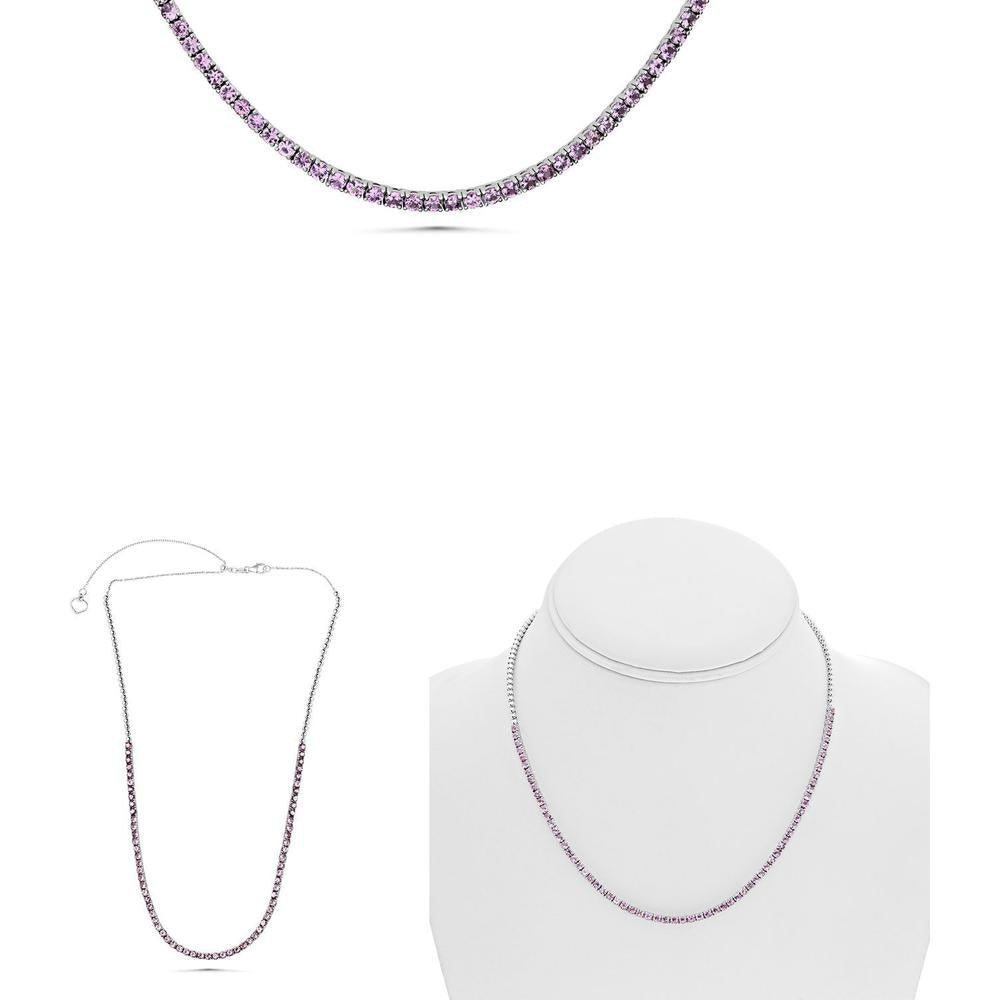 Roman & Jules - 14K White Gold Tennis Necklace with Round Pink Sapphires - 4.82 Carat Total Sapphire Weight