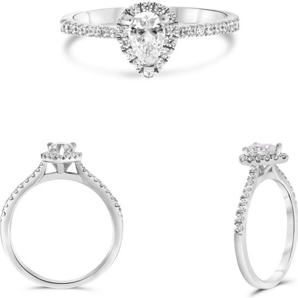 Roman & Jules - 14K White Gold Three Prong Halo Engagement Ring with Pear-Shaped Center Diamond - 1.00 Carat Total Diamond Weight