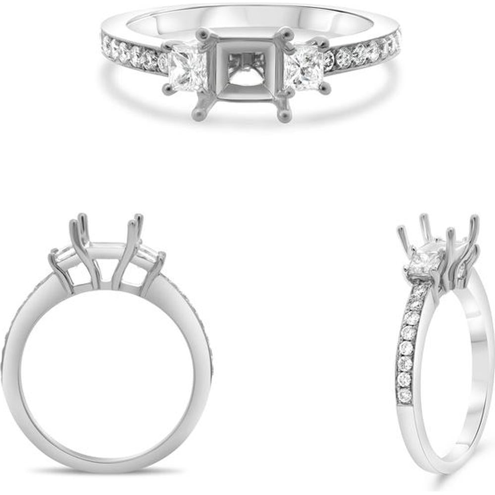 Roman & Jules - 14K White Gold Three-Stone Engagement Ring with Princess Cut Center and Round Diamonds - 0.57 Carat Total Diamond Weight
