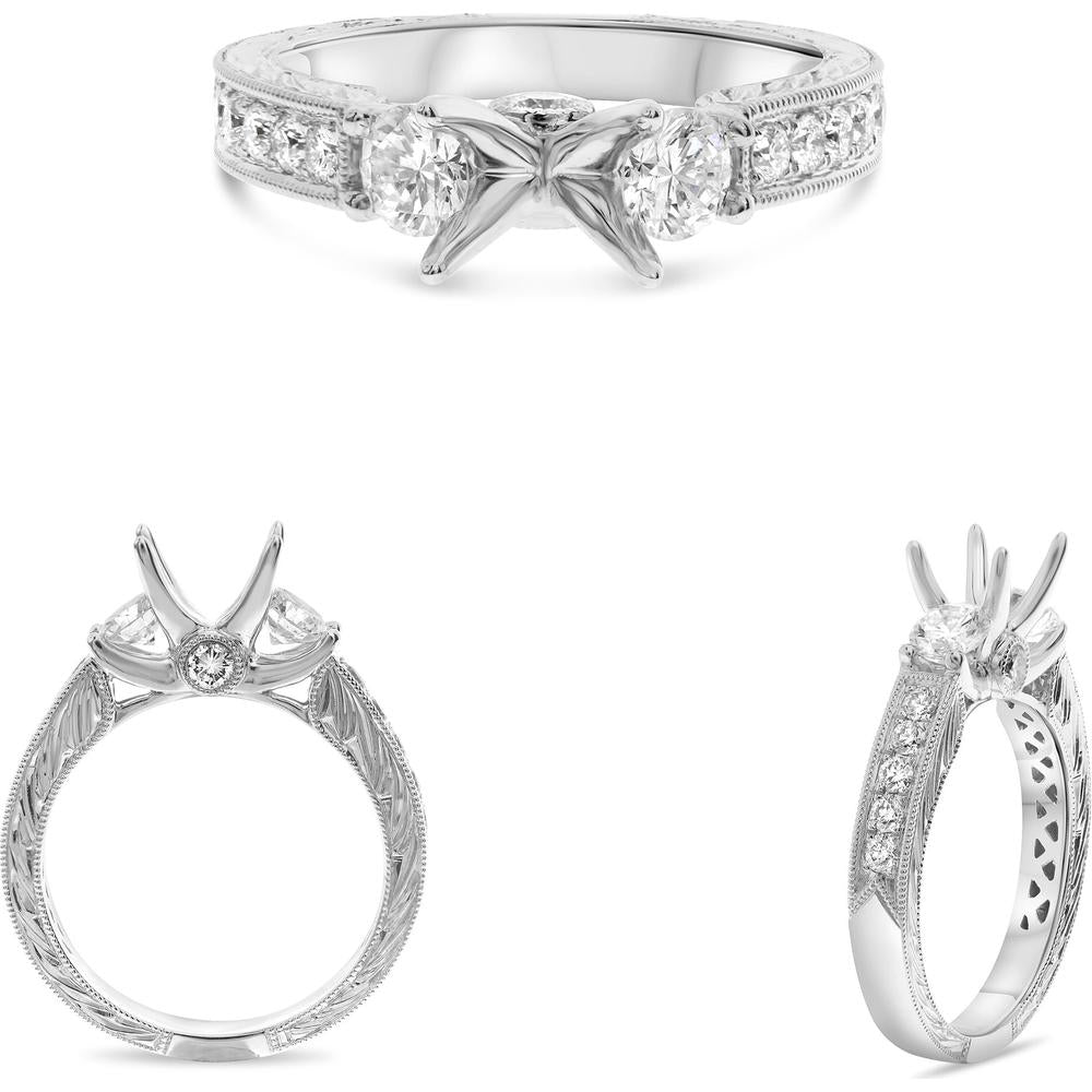 Roman & Jules - 14K White Gold Three-Stone Engagement Ring with Round Diamonds - 0.90 Carat Total Diamond Weight