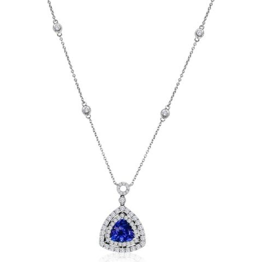 Roman & Jules - 14K White Gold Trilliant Tanzanite Necklace with Round Diamonds - 2.08 Carat Total Gem Weight