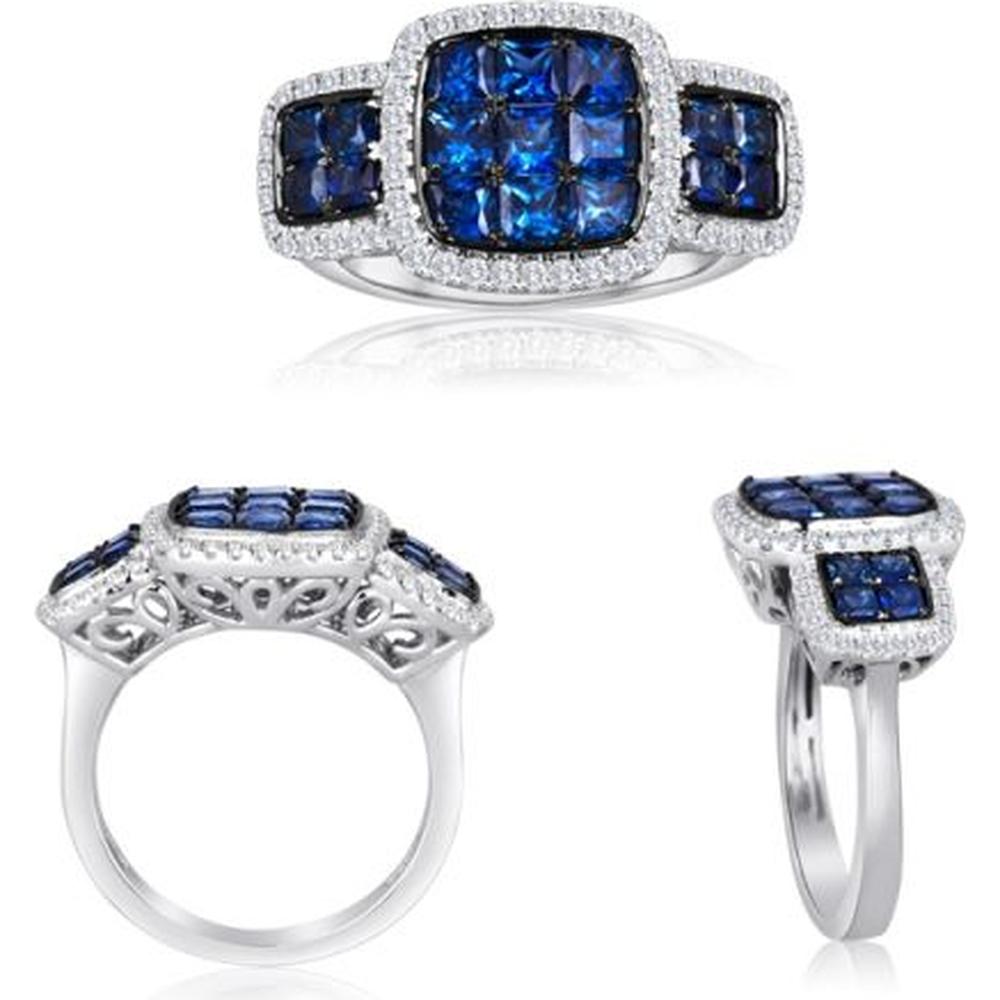 Roman & Jules - 14K White Gold Triple Cluster Sapphire Ring with Diamond Halo - 2.12 Carat Total Sapphire Weight