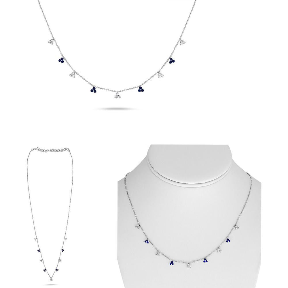 Roman & Jules - 14K White Gold Triple Stone Sapphire and Diamond Alternating Necklace - 0.40 Carat Total Sapphire Weight, 0.36 Carat Total Diamond Weight