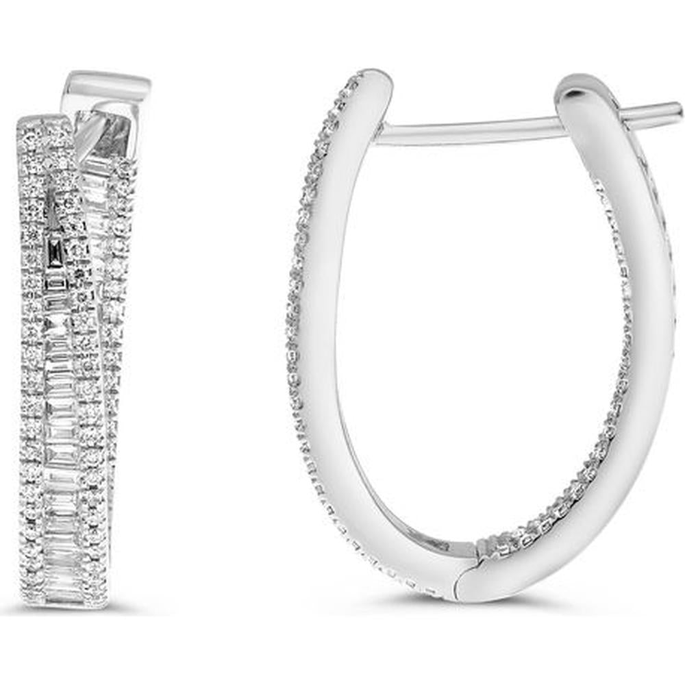Roman & Jules - 14K White Gold Twisted Inside Out Hoop Earrings with Round and Baguette Diamonds - 0.74 Carat Total Diamond Weight