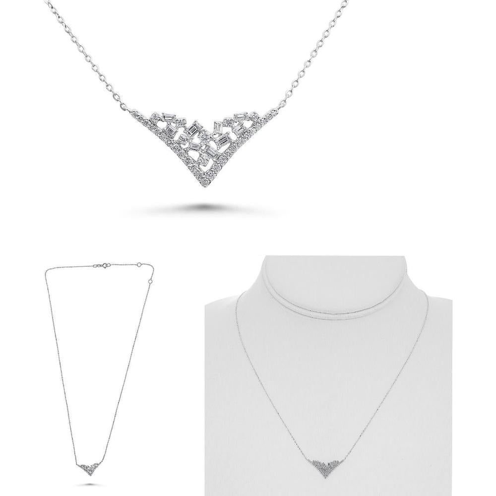 Roman & Jules - 14K White Gold V-Shaped Necklace with Baguette and Round Diamonds - 0.31 Carat Total Diamond Weight