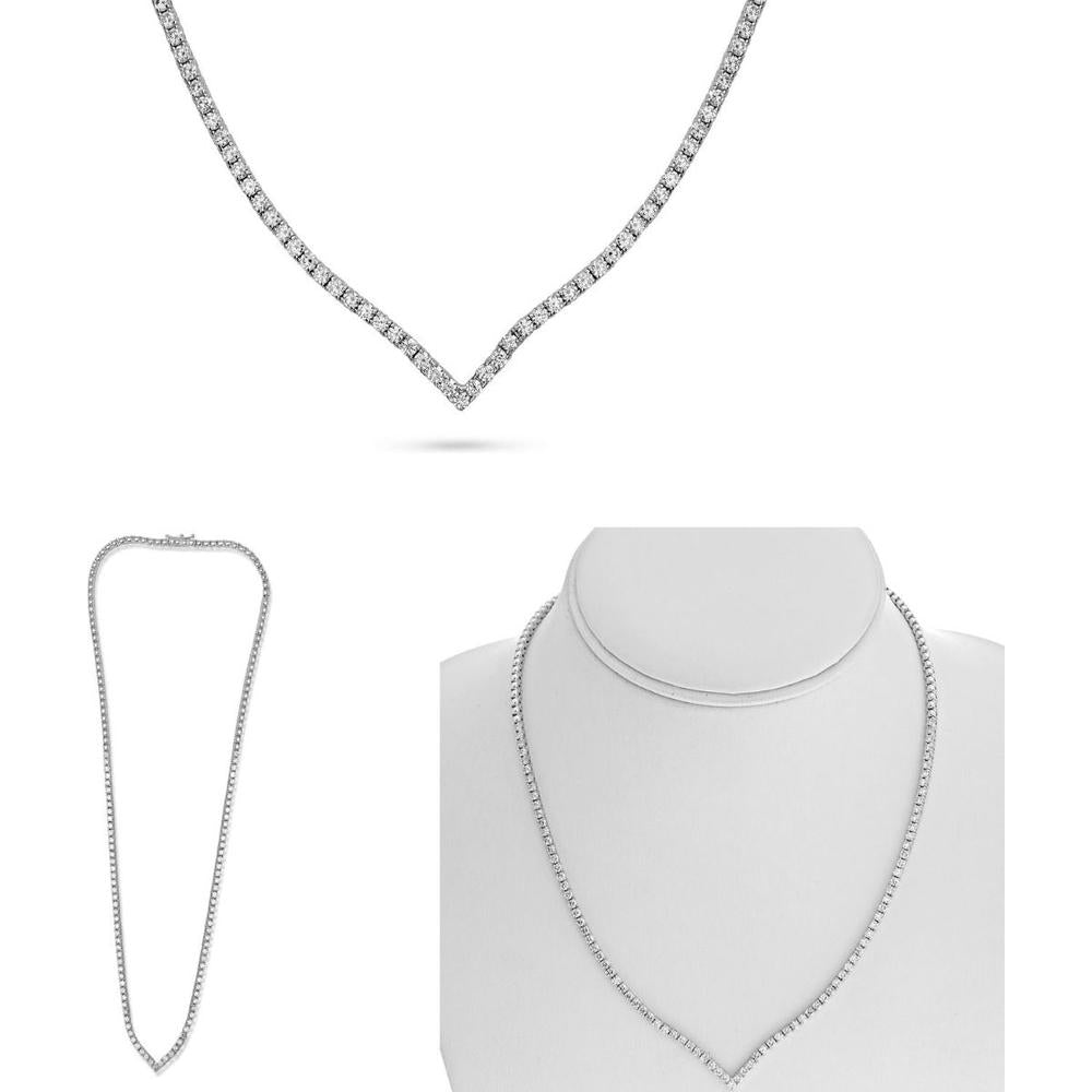 Roman & Jules - 14K White Gold V-Shaped Necklace with Prong-Set Round Diamonds - 4.50 Carat Total Diamond Weight