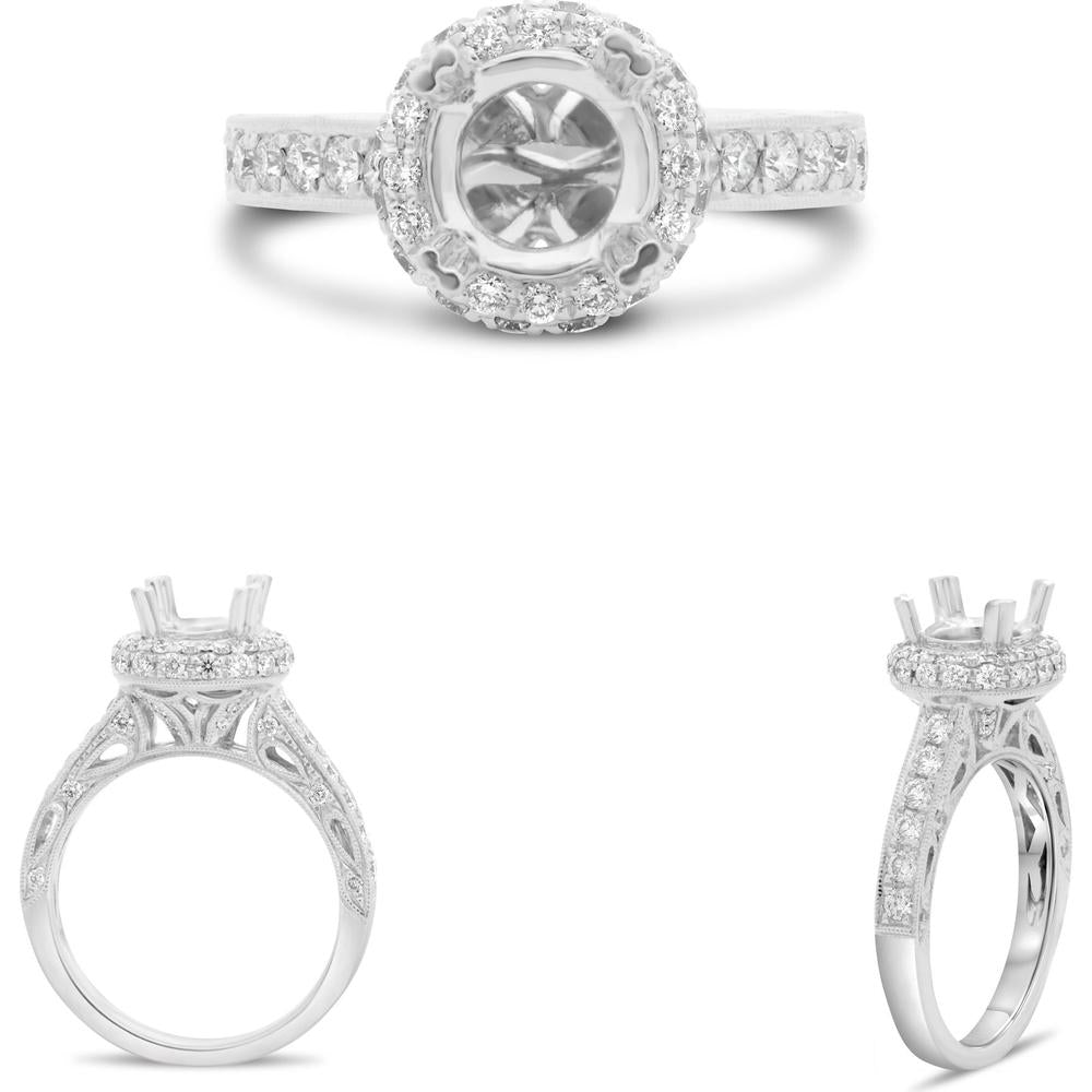 Roman & Jules - 14K White Gold Vintage-Inspired Double Prong Engagement Ring with Round Cut Diamonds - 0.81 Carat Total Diamond Weight