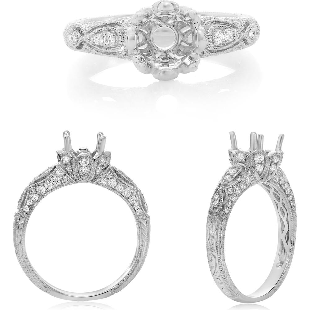 Roman & Jules - 14K White Gold Vintage Inspired Engagement Setting with 0.43 Carat Round Diamond Halo