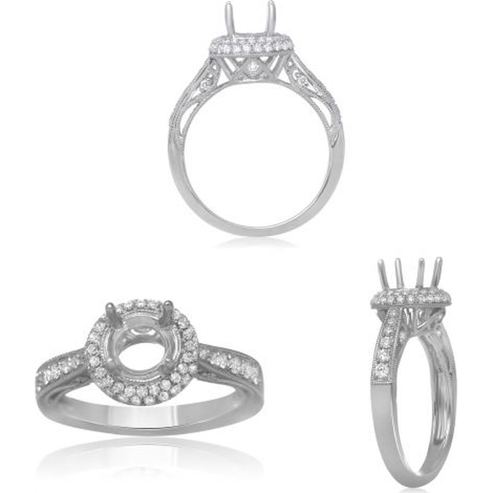 Roman & Jules - 14K White Gold Vintage-Inspired Engagement Setting with Round Diamond Halo - 0.47 Carat Total Diamond Weight