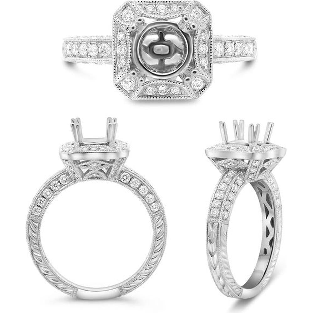 Roman & Jules - 14K White Gold Vintage Octagon Halo Engagement Ring with 0.63 Carat Round Diamond Center Stone