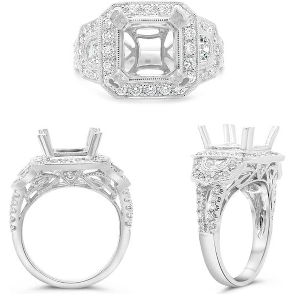 Roman & Jules - 14K White Gold Vintage Side Stone Engagement Setting with Half Moon and Round Accent Diamonds - 0.34 Carat Total Diamond Weight