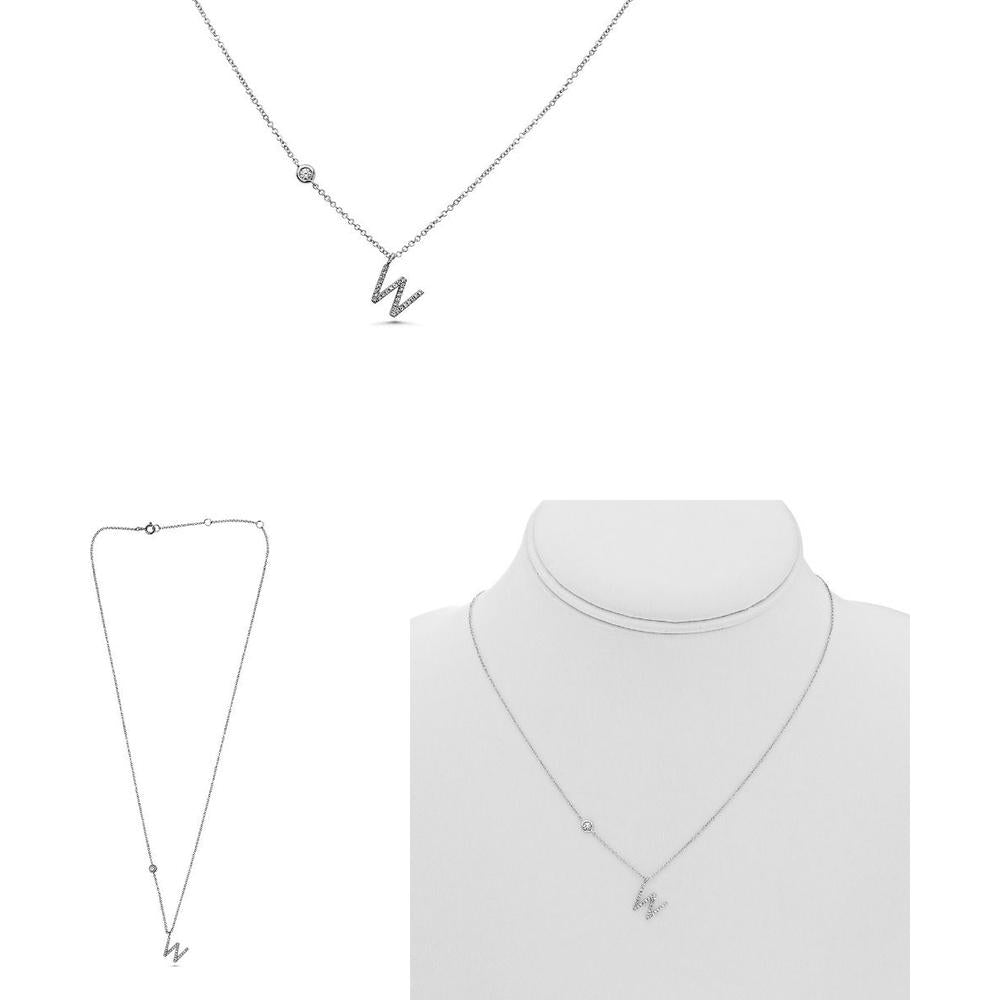 Roman & Jules - 14K White Gold W Initial Necklace with Round Diamonds - 0.12 Carat Total Diamond Weight
