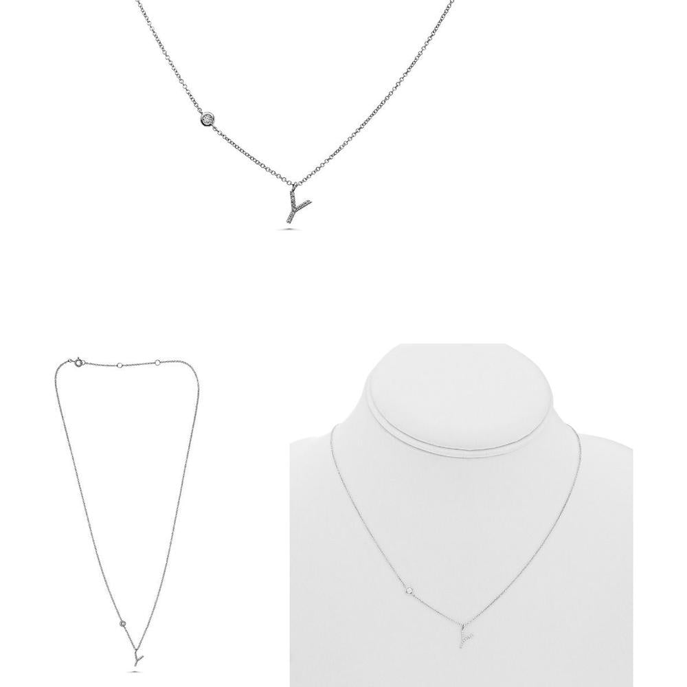 Roman & Jules - 14K White Gold Y Initial Necklace with 0.09 Carat Round Diamond in Micropavé Setting