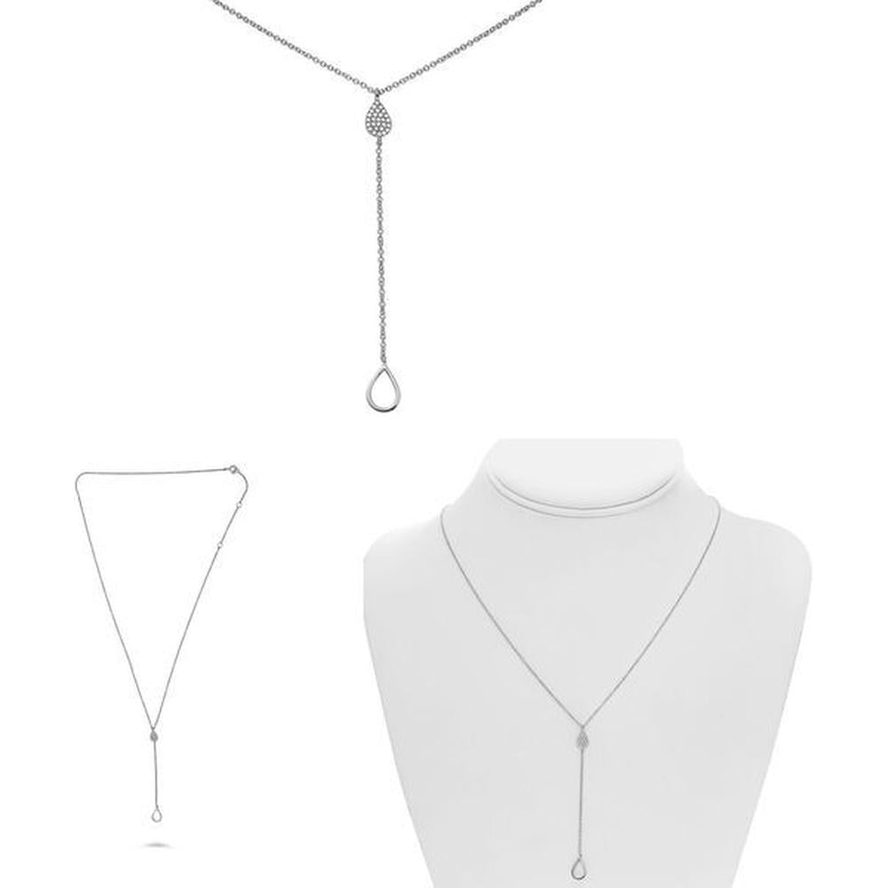 Roman & Jules - 14K White Gold Y-Shaped Necklace with 0.07 Carat Round Diamond Cluster Pendant