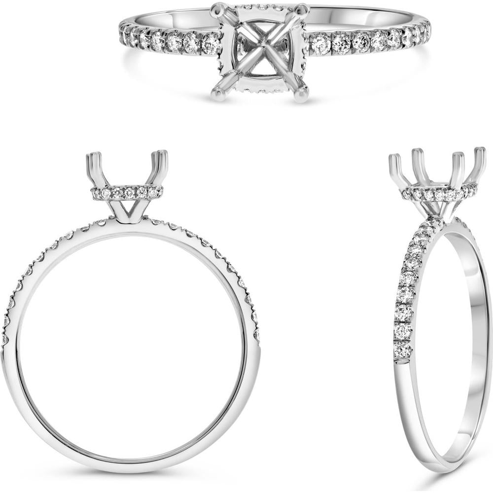 Roman & Jules - 14K White or Rose Gold Cushion Diamond Ring with Hidden Full Halo and Micropavé Setting - 0.21 Carat Total Diamond Weight