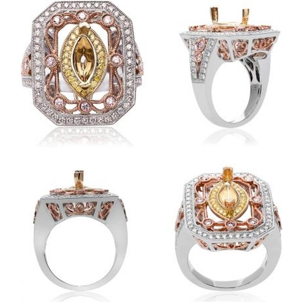 Roman & Jules - 14K White, Yellow, and Rose Gold Marquise Fancy Yellow/Pink Diamond Ring with Round Diamond Halo - 1.00 Carat Total Diamond Weight