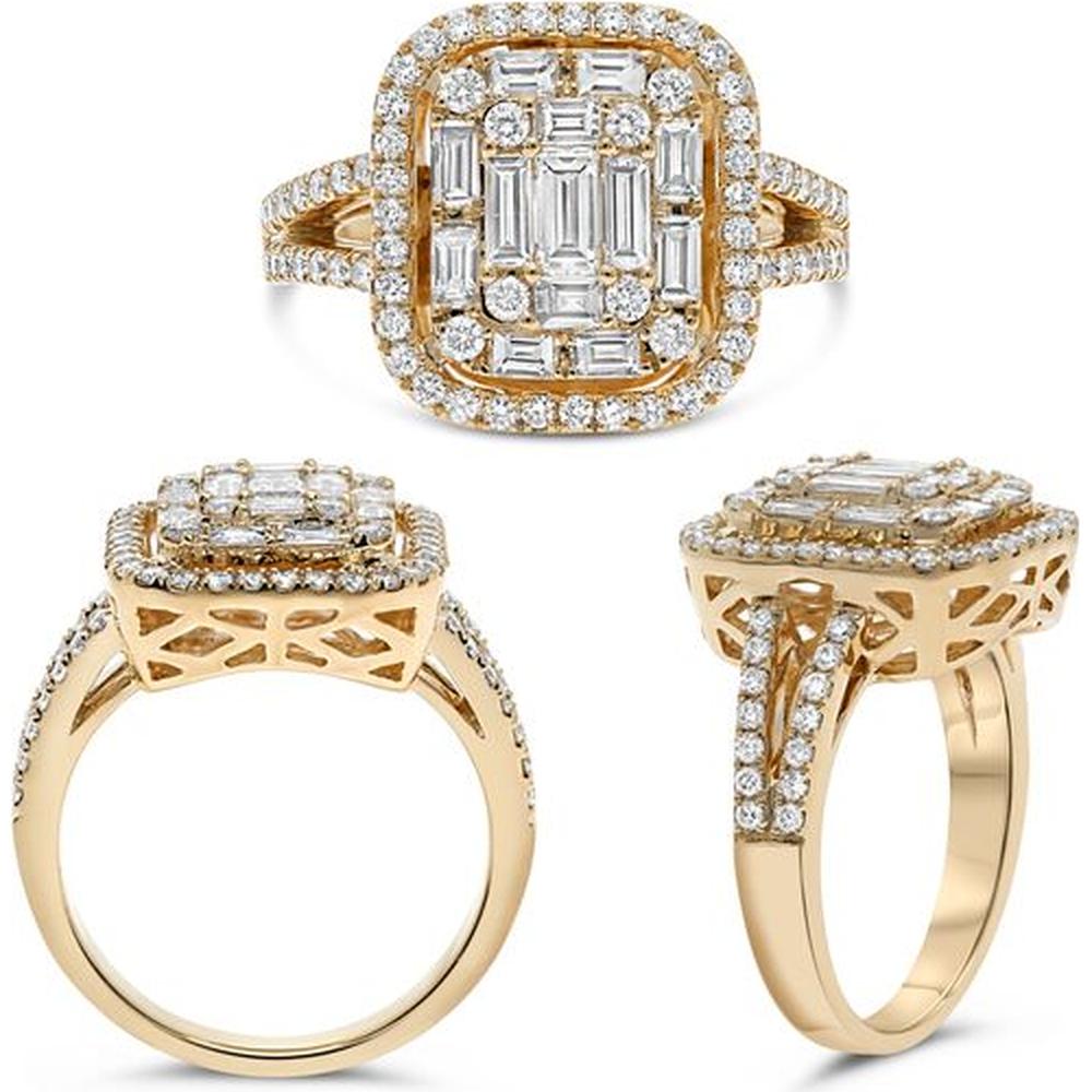 Roman & Jules - 14K Yellow Gold Baguette and Round Diamond Cluster Ring - 1.35 Carat Total Diamond Weight
