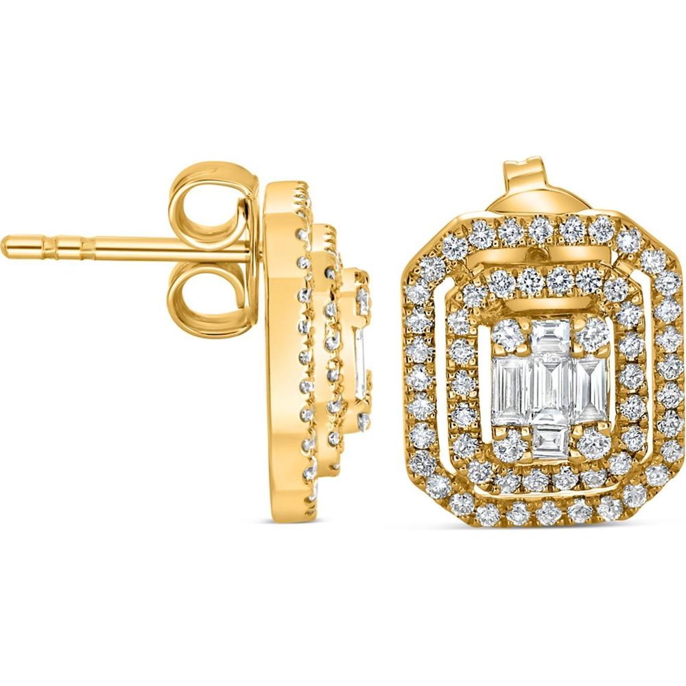 Roman & Jules - 14K Yellow Gold Baguette Diamond Stud Earrings with Halo of Round Diamonds - 0.97 Carat Total Diamond Weight