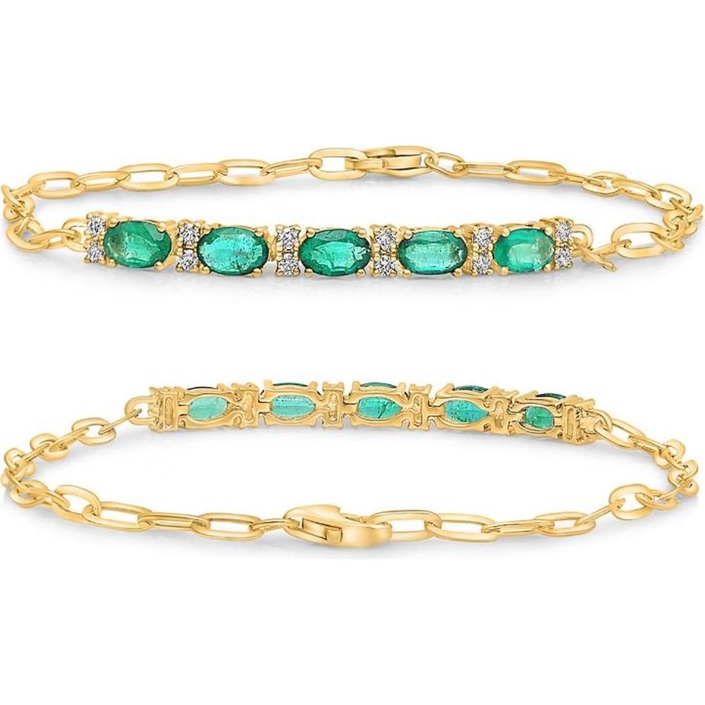Roman & Jules - 14K Yellow Gold Bracelet with Oval Emeralds and Round Diamond Accents - 1.00 Carat Total Emerald Weight