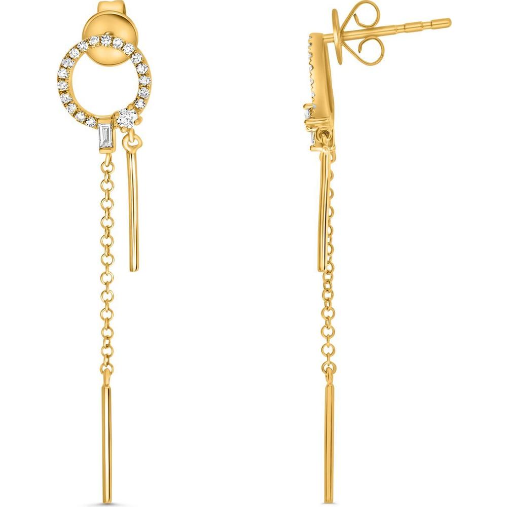 Roman & Jules - 14K Yellow Gold Circle Chain Earrings with 0.16 Carat Round Diamonds and 0.05 Carat Baguette Diamonds