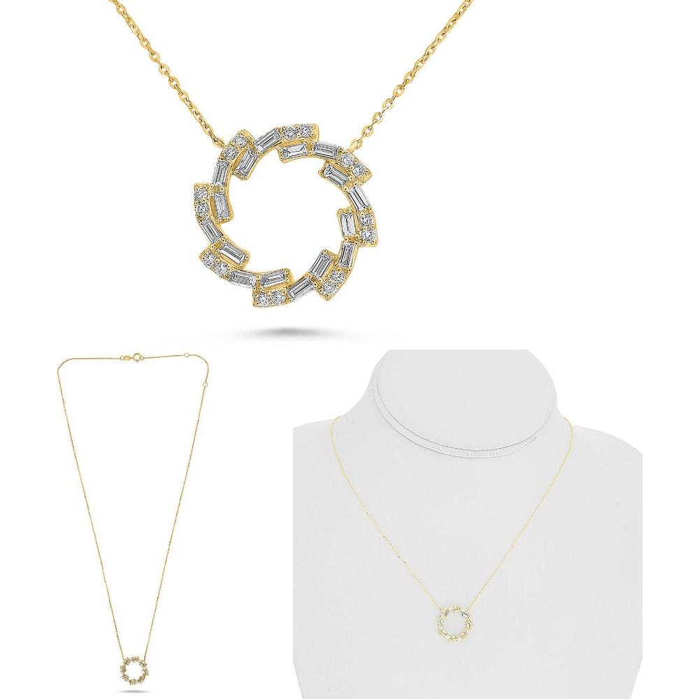 Roman & Jules - 14K Yellow Gold Circle Pendant Necklace with Round and Baguette Diamonds - 0.46 Carat Total Diamond Weight