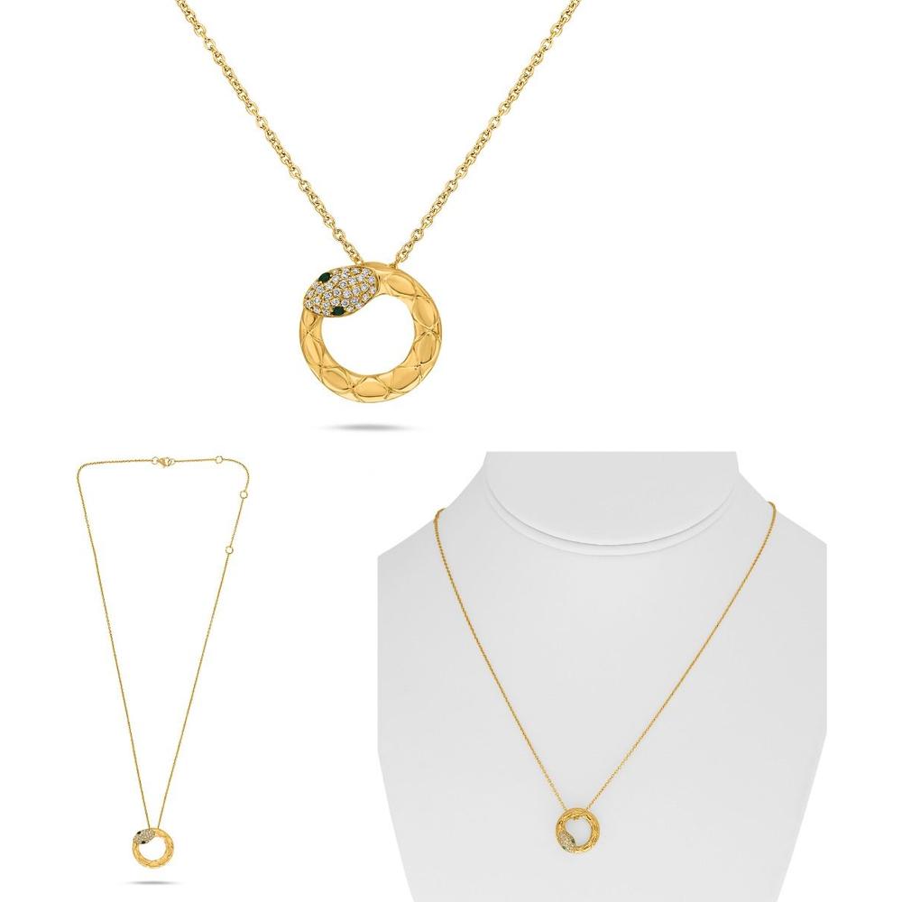 Roman & Jules - 14K Yellow Gold Circle Pendant Snake Necklace with Emerald Eye and Round Diamond Accent - 0.13 Carat Total Diamond Weight