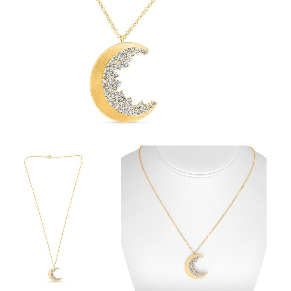 Roman & Jules - 14K Yellow Gold Crescent Moon Necklace with Round Diamonds - 0.78 Carat Total Diamond Weight