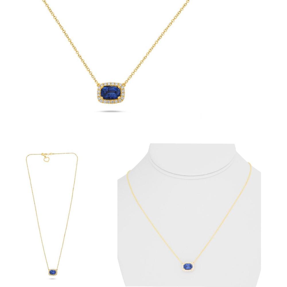 Roman & Jules - 14K Yellow Gold Cushion Cut Sapphire Necklace with Halo of Round Diamonds - 1.86 Carat Total Gem Weight