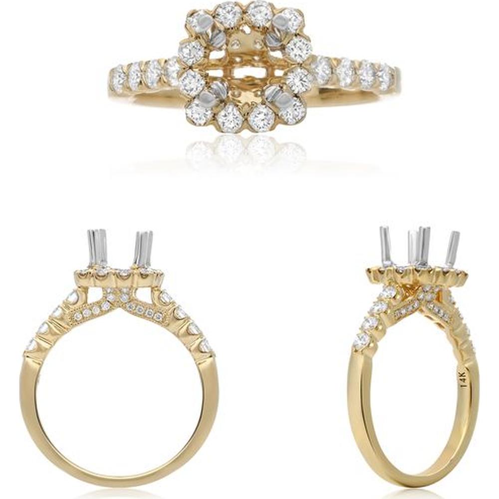 Roman & Jules - 14K Yellow Gold Cushion Diamond Halo Ring with Fishtail Setting - 0.66 Carat Total Diamond Weight