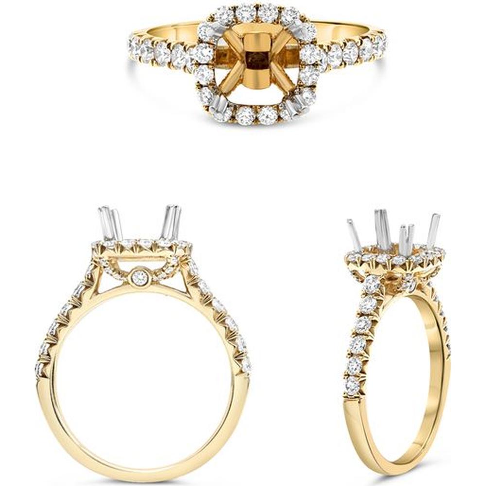 Roman & Jules - 14K Yellow Gold Cushion Diamond Ring with French Pave Halo - 0.67 Carat Total Diamond Weight