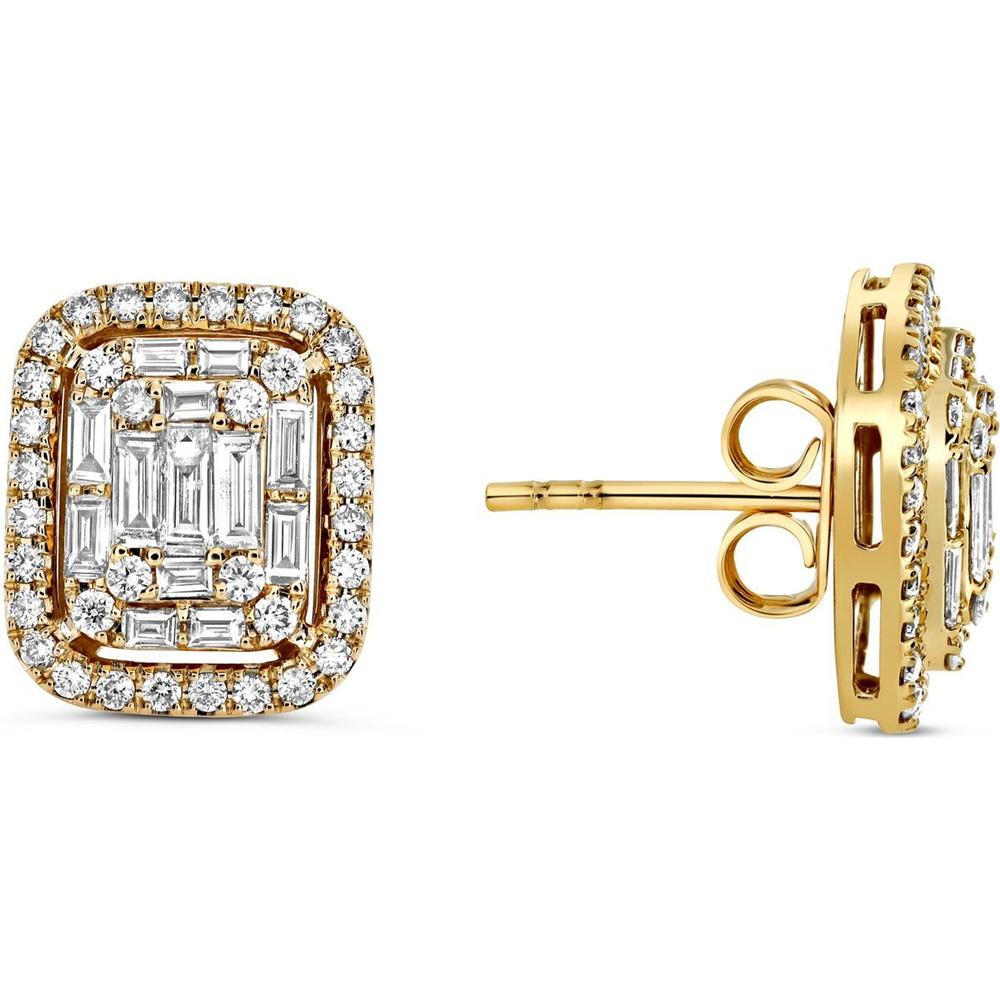 Roman & Jules - 14K Yellow Gold Diamond Cluster Stud Earrings with Baguette and Round Diamonds - 1.48 Carat Total Diamond Weight