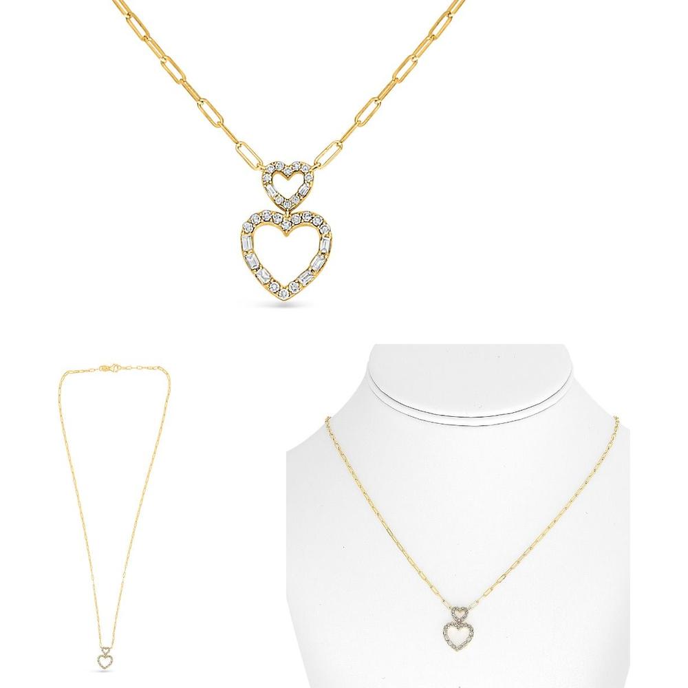 Roman & Jules - 14K Yellow Gold Diamond Double Heart Necklace with Round and Baguette Diamonds - 0.32 Carat Total Diamond Weight