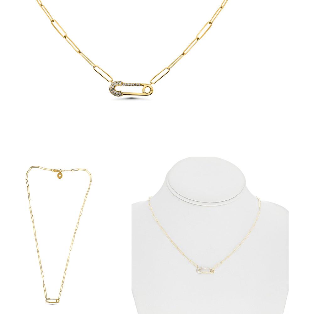 Roman & Jules - 14K Yellow Gold Diamond-Studded Safety Pin Pendant Necklace with Paperclip Chain - 0.12 Carat Total Diamond Weight