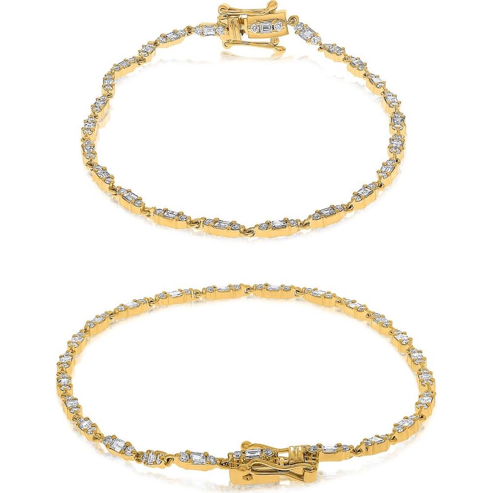 Roman & Jules - 14K Yellow Gold Diamond Tennis Bracelet with Round and Baguette Diamonds - 1.32 Carat Total Diamond Weight