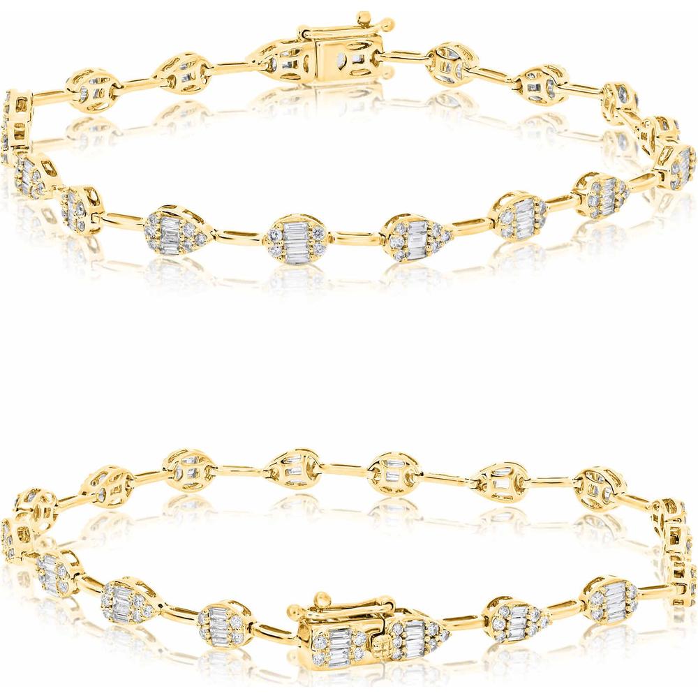 Roman & Jules - 14K Yellow Gold Diamond Tennis Bracelet with Round and Baguette Diamonds - 1.70 Carat Total Diamond Weight