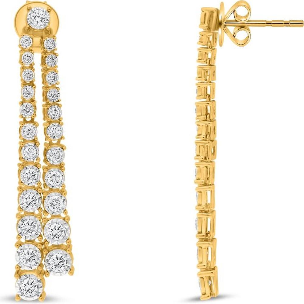 Roman & Jules - 14K Yellow Gold Double Ascending Diamond Earrings with Round White Diamonds - 1.00 Carat Total Diamond Weight