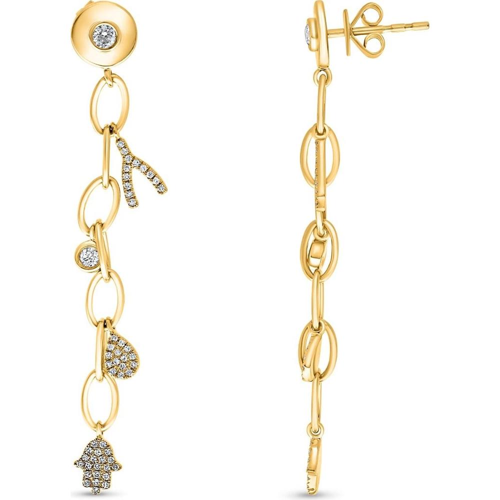 Roman & Jules - 14K Yellow Gold Drop Earrings with Diamond Evil Eye, Hamsa and Teardrop Charms - 0.40 Carat Total Diamond Weight