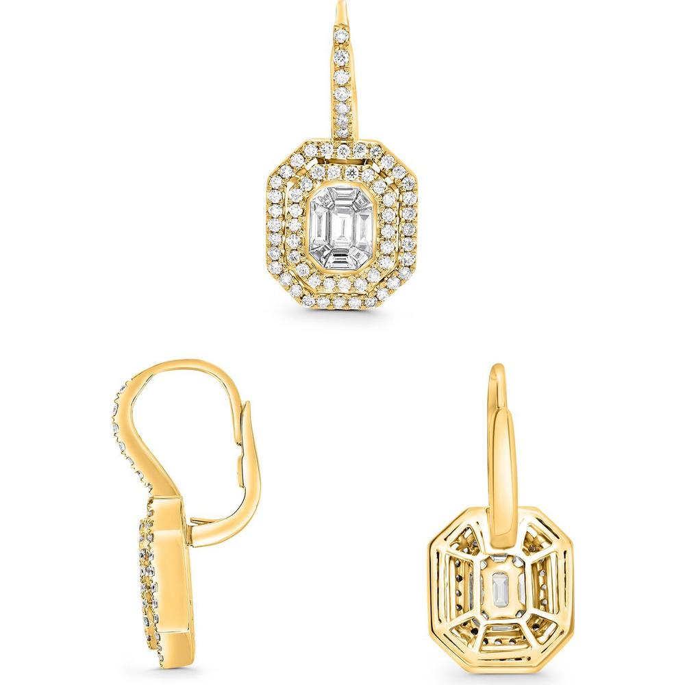 Roman & Jules - 14K Yellow Gold Emerald Cut Diamond Earrings with Round and Baguette Diamonds - 1.28 Carat Total Diamond Weight