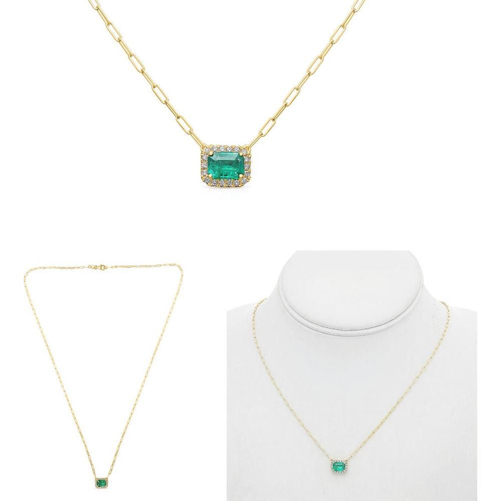 Roman & Jules - 14K Yellow Gold Emerald Cut Emerald Necklace with Diamond Halo - 0.14 Carat Total Diamond Weight