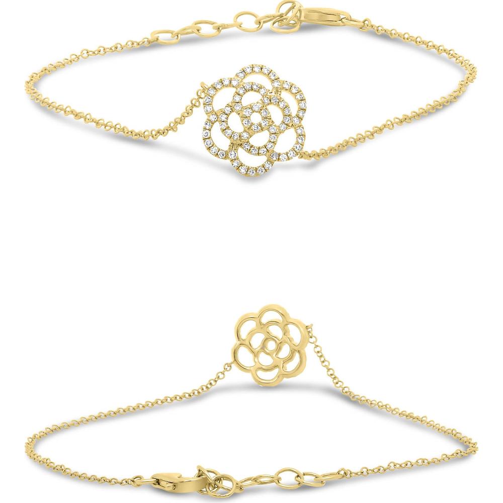 Roman & Jules - 14K Yellow Gold Flower Bracelet with 0.14 Carat Total Round Diamonds in Micropavé Setting