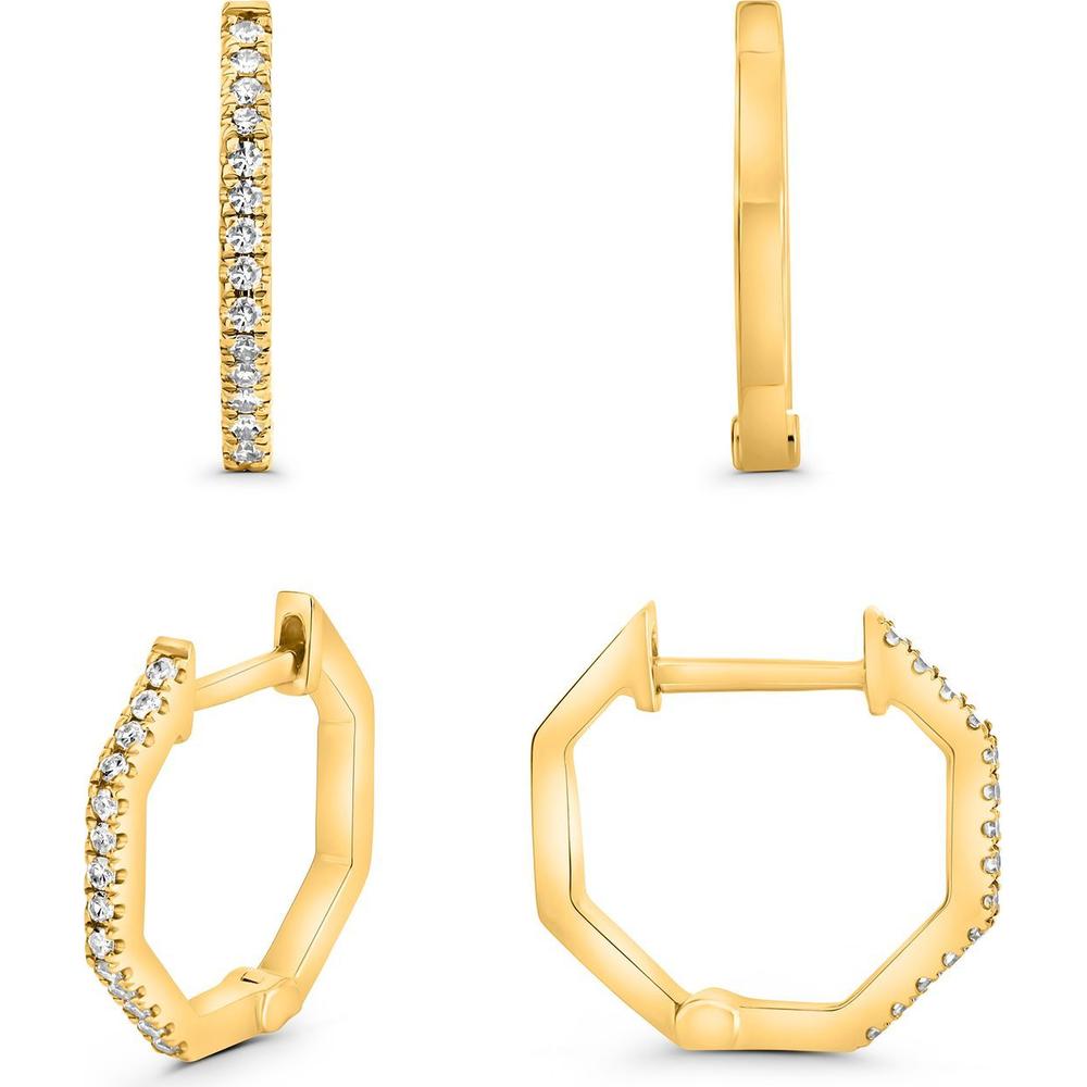 Roman & Jules - 14K Yellow Gold Geometric Hoop Earrings with Round Diamonds - 0.09 Carat Total Diamond Weight