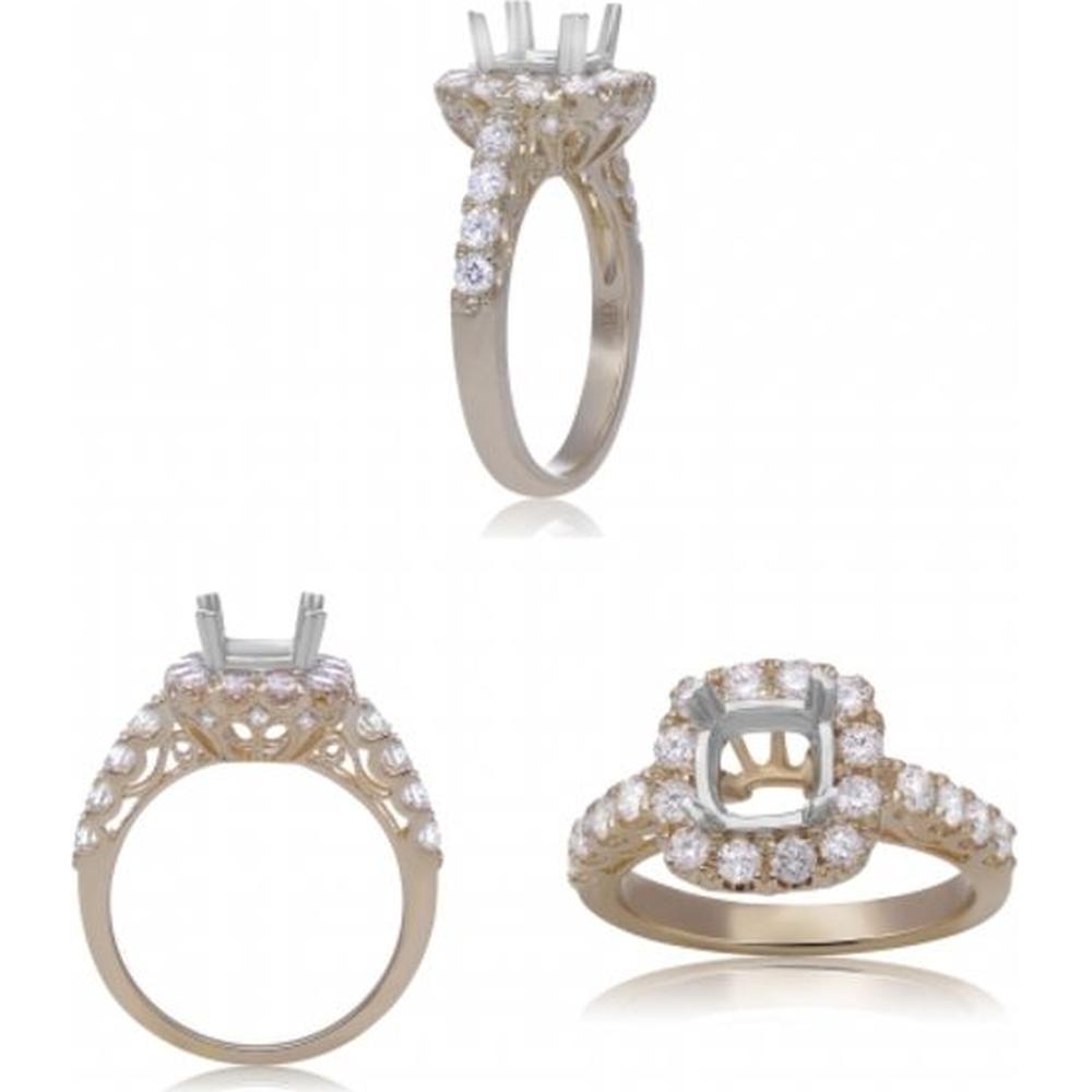 Roman & Jules - 14K Yellow Gold Halo Cushion Diamond Engagement Ring with Round Diamonds - 0.98 Carat Total Diamond Weight