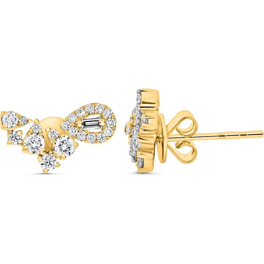Roman & Jules - 14K Yellow Gold Halo Diamond Stud Earrings with Round and Baguette Diamonds - 1.08 Carat Total Diamond Weight