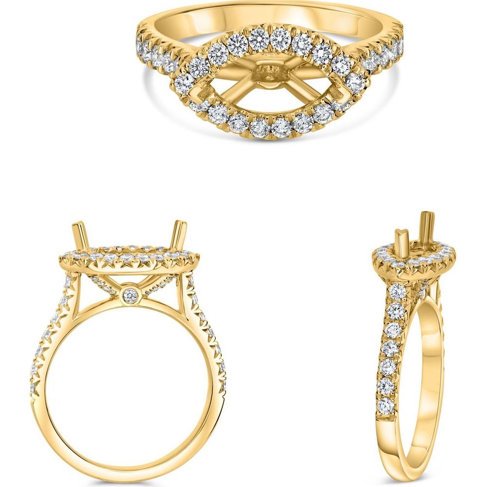 Roman & Jules - 14K Yellow Gold Halo Engagement Ring with Emerald Cut Diamond and French Pave Set Round Diamonds - 1.53 Carat Total Diamond Weight
