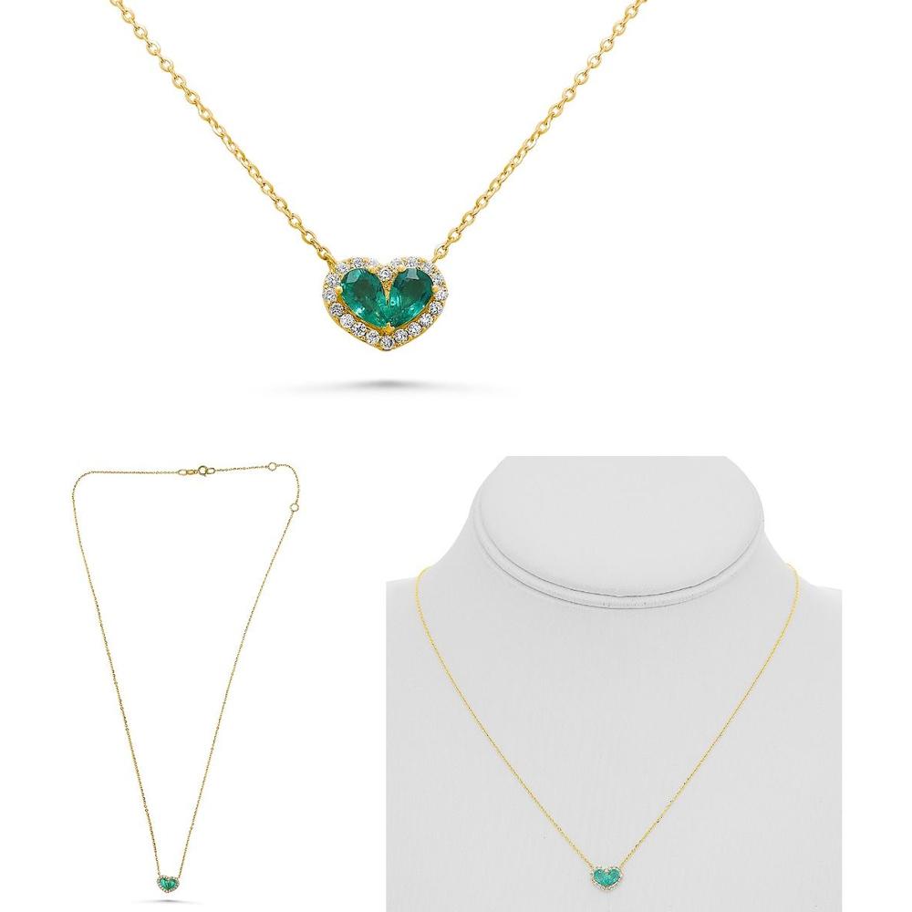 Roman & Jules - 14K Yellow Gold Heart-Shaped Emerald and Diamond Halo Necklace - 0.40 Carat Emerald Weight, 0.11 Carat Diamond Weight