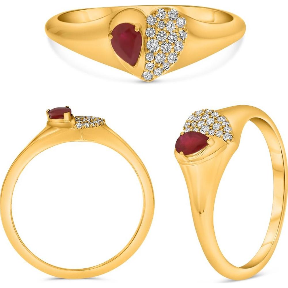 Roman & Jules - 14K Yellow Gold Heart-Shaped Ruby and Diamond Cluster Ring with 0.09 Carat Total Diamond Weight
