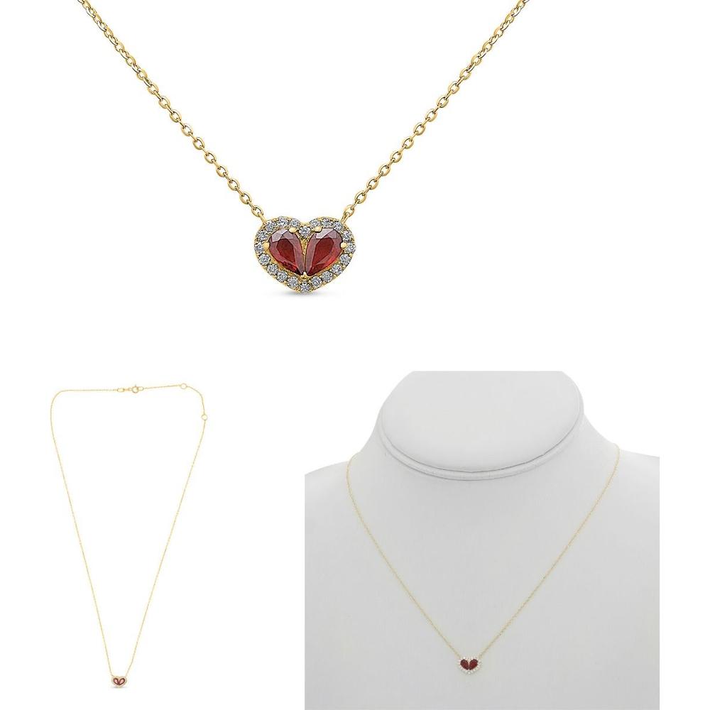 Roman & Jules - 14K Yellow Gold Heart-Shaped Ruby Necklace with Round Diamond Halo - 0.11 Carat Total Diamond Weight