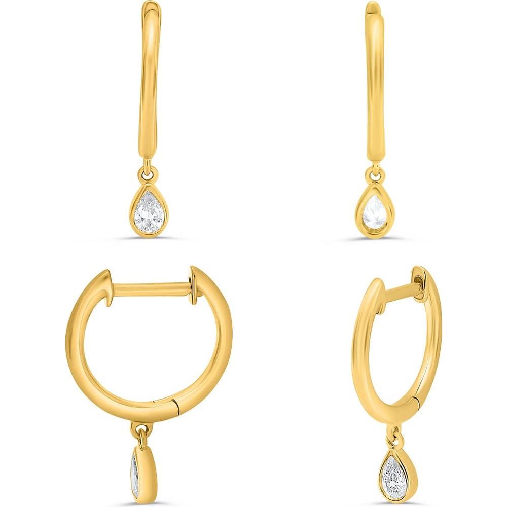 Roman & Jules - 14K Yellow Gold Hoop Earrings with Bezel Set Pear-Shaped Diamonds - 0.14 Carat Total Diamond Weight