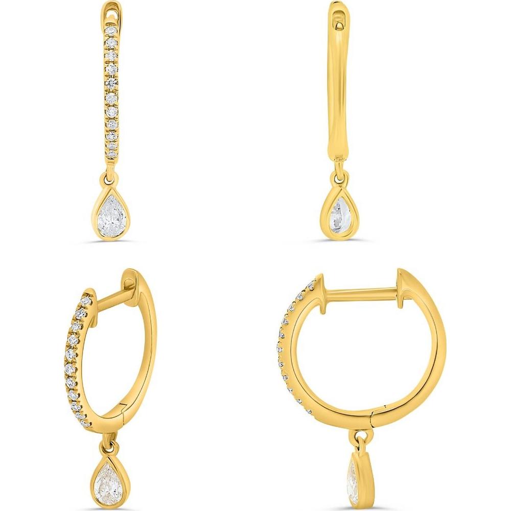 Roman & Jules - 14K Yellow Gold Hoop Earrings with Bezel-Set Pear Shaped Diamonds - 0.14 Carat Total Diamond Weight